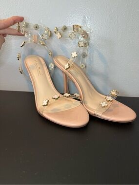 Anne Michelle Blush Pink Clear Floral Ankle-Strap Heels